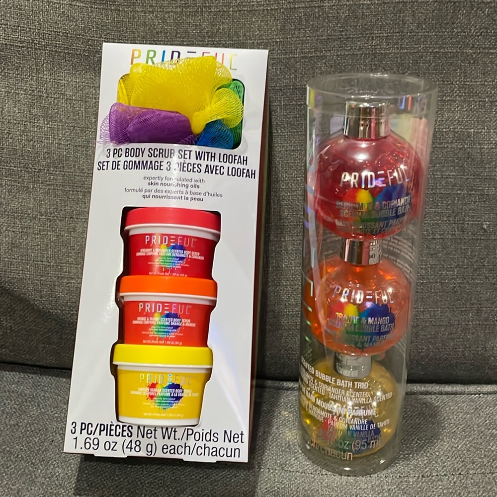 Prideful Bundle 3 piece body scrub with loofah, 3 bubble bath